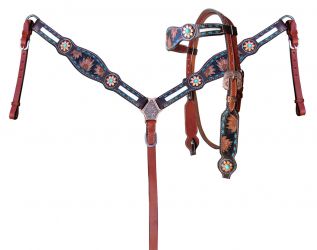 Showman Sunflower Tooled Leather Browband headstall and breastcollar set with cowhide inlays